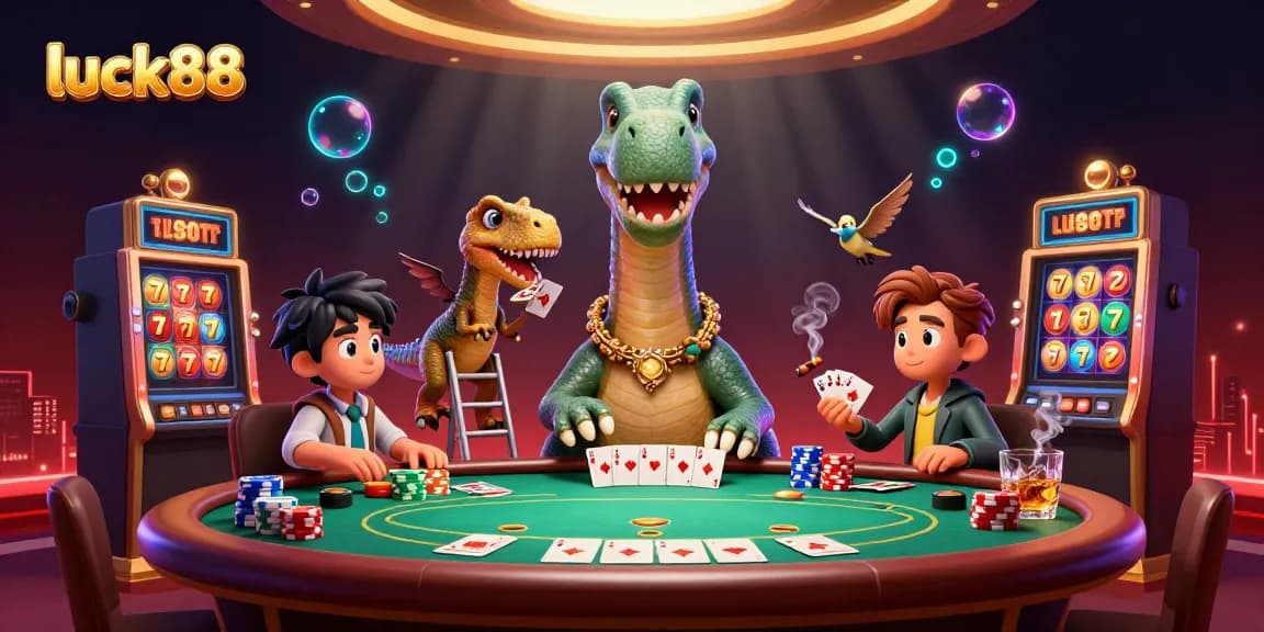luck88's vibrant casino scene features a towering brontosaurus and dynamic poker action.