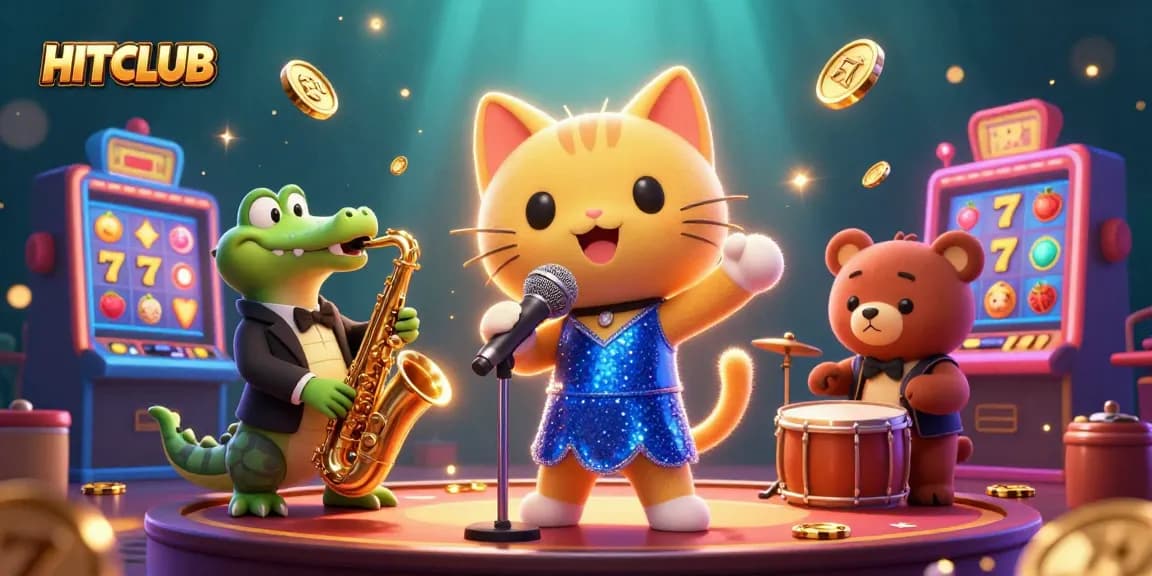 Experience the HITCLUB casino scene filled with vibrant games and characters in a visually stunning illustration.
