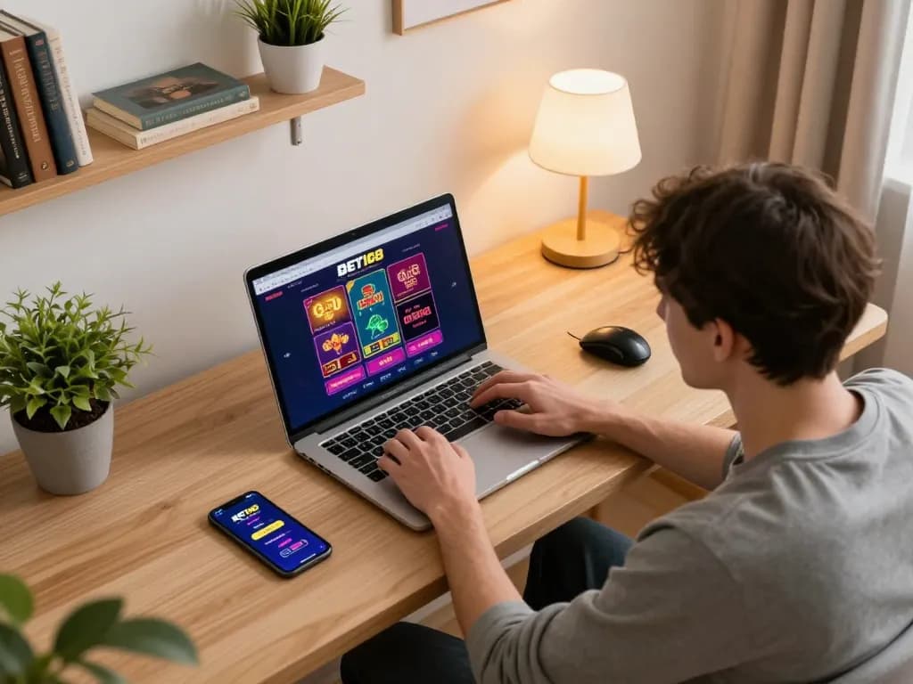 Engaging with the BET168 online casino from a cozy home setup, showcasing interactive gameplay.
