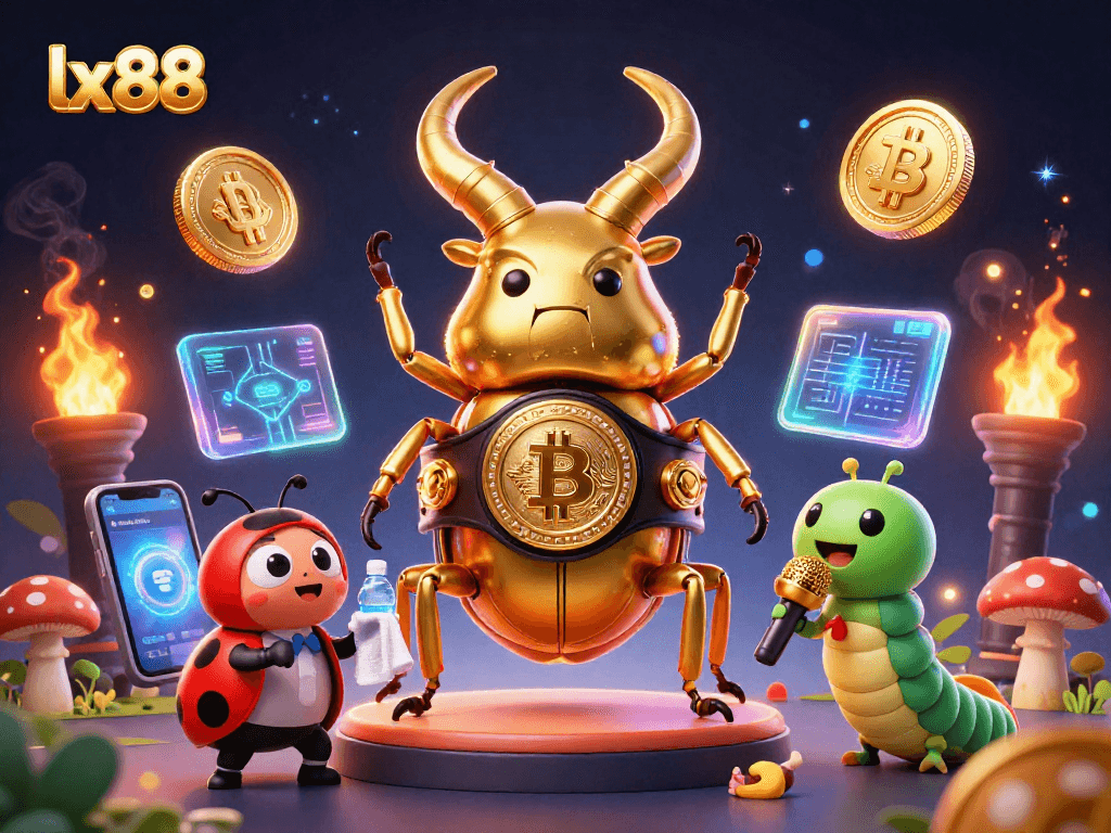 lx88 features a golden stag beetle in a boxing match surrounded by crypto elements for gambling excitement.