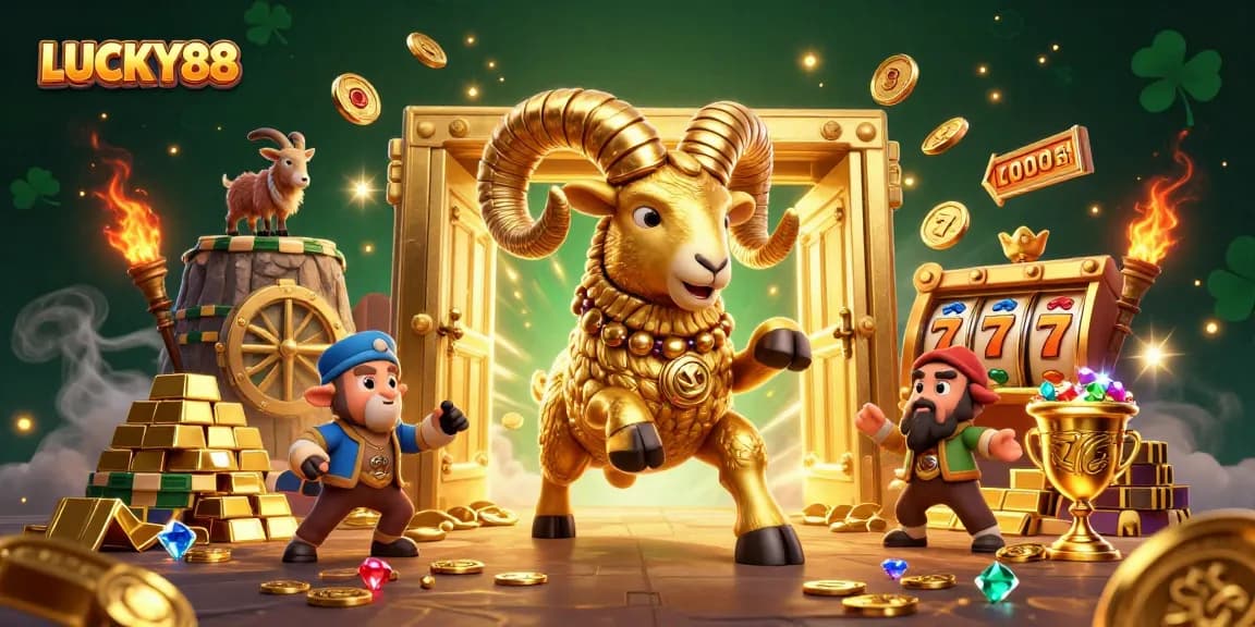 Experience thrilling gameplay with LUCKY88, featuring a massive golden ram charging amid dazzling casino treasures.