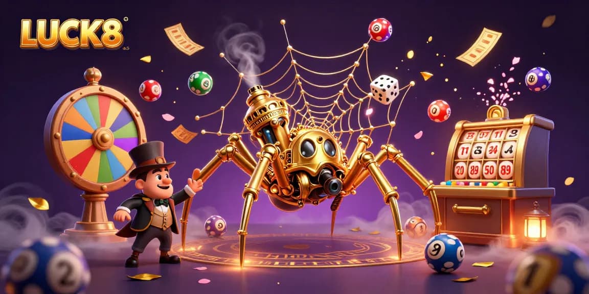 Winning at LUCK8 with a vibrant casino scene filled with illustrated gaming elements.