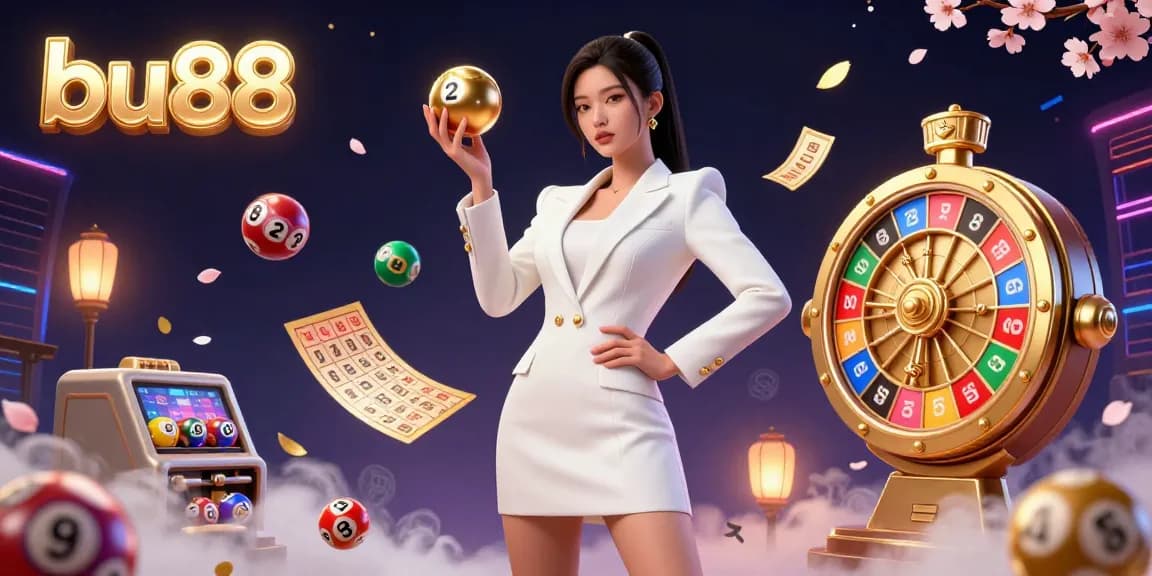 Experience the excitement at bu88 with a captivating scene of gaming elements and a stunning Asian model.