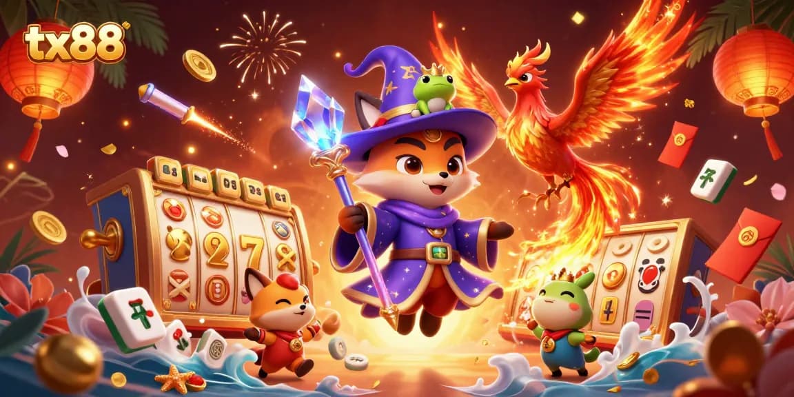 Experience winning moments at tx88 with a mystical wizard and a phoenix amidst vibrant casino symbols.