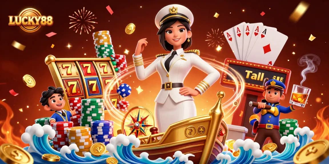 Win big with LUCKY88 in this vibrant 3D casino illustration featuring slot reels and poker elements.