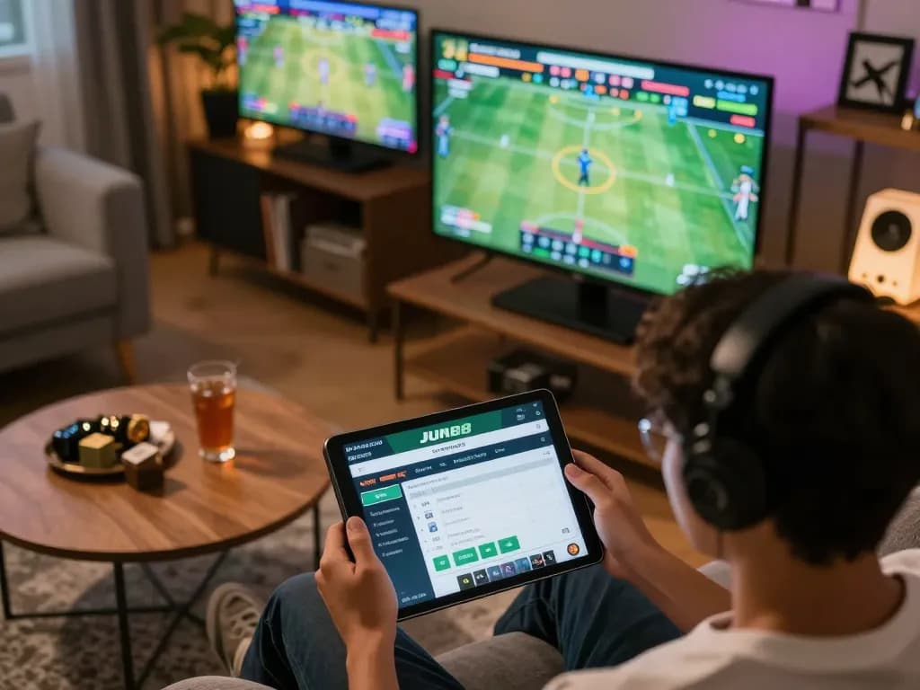 Player placing bets on the JUN88 app in a cozy sports betting setup with live game screens.