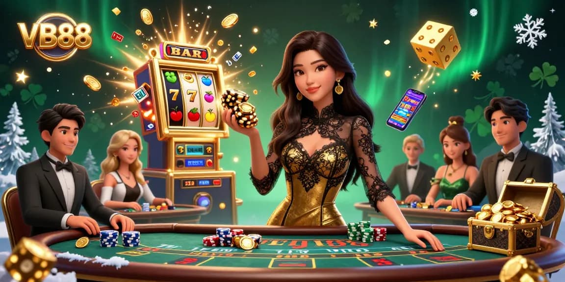 Experience the thrill with VB88 at an exclusive baccarat table, amid dazzling casino elements and golden chips.