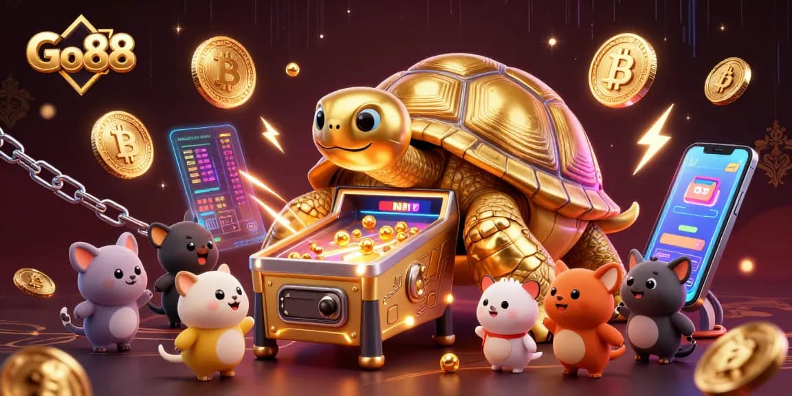 Engage with Go88's thrilling games featuring a colossal golden tortoise as a pinball machine.