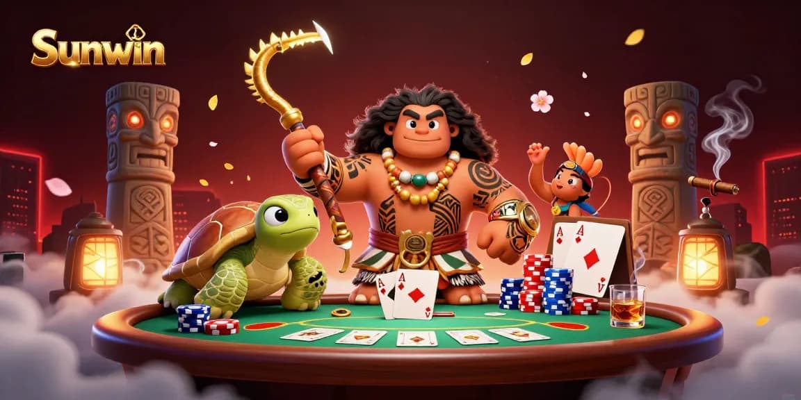 Sunwin players engage in thrilling poker action surrounded by vibrant casino elements.