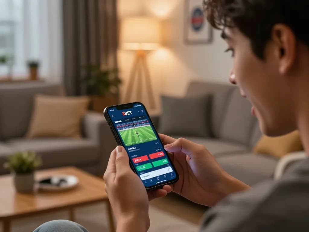 Engaged user placing bets through the 3BET app in a cozy sports-themed living room
