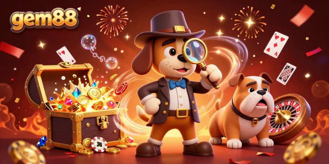 Join gem88's cartoon detective team as they uncover golden poker treasure in a lively casino atmosphere.