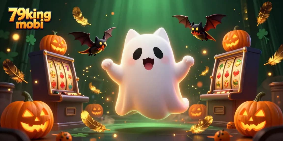 Engage with thrilling games at 79king mobi while enjoying captivating visuals of a ghost cat and vampire bat.