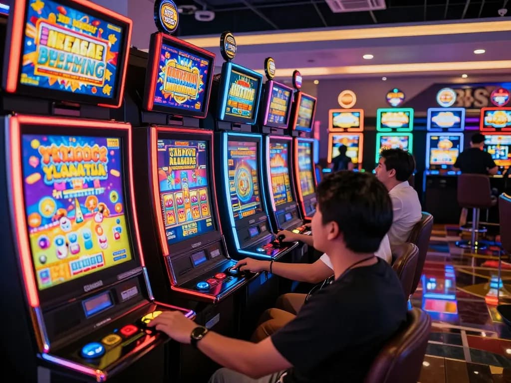 Engaged players trying their luck at vibrant Slot Malaysia machines, capturing the excitement.
