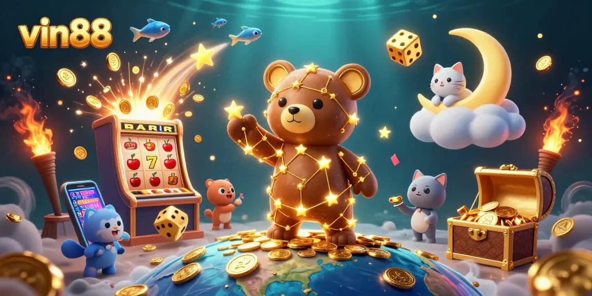 Engage with vin88's lively online casino world, featuring dynamic gaming elements and joyful characters.
