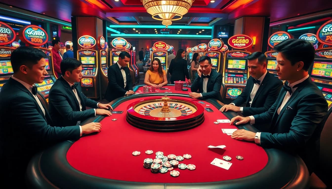 Players enjoy a thrilling card game at the GG88 casino table, surrounded by slot machines and excitement.