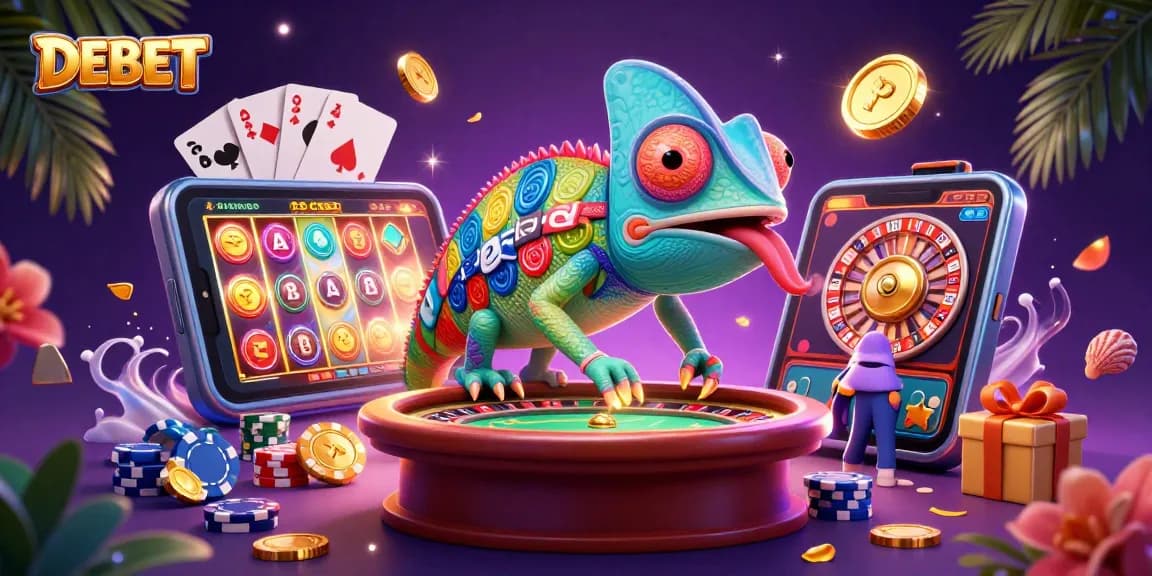 DEBET chameleon casino owner surrounded by dynamic casino elements and vibrant gaming action.
