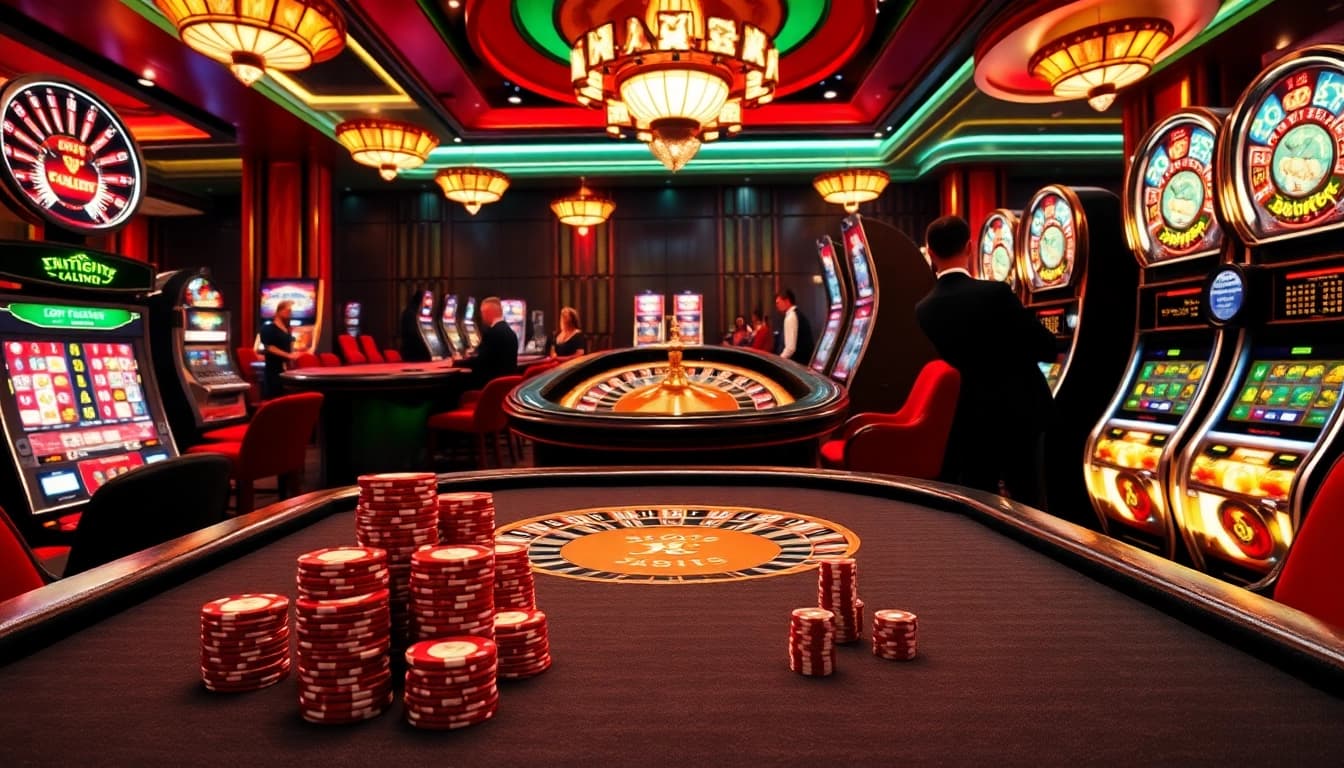 Vaoluoitv showcases an exciting casino scene with poker tables and roulette wheels, inviting gamblers to win big.