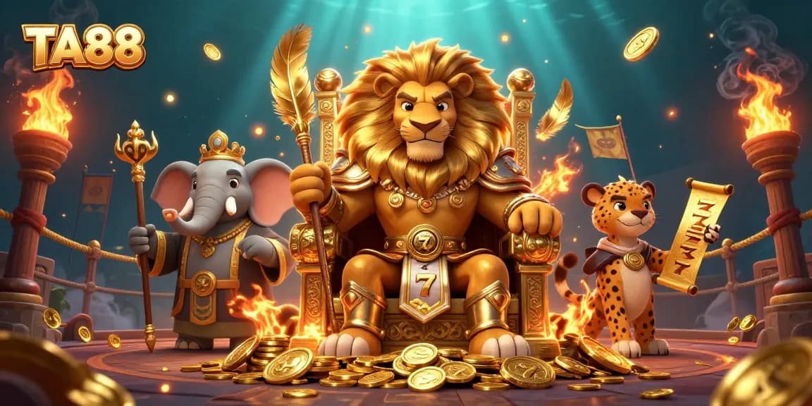 Experience thrilling gameplay at TA88 with a fierce lion king and vibrant slot elements.