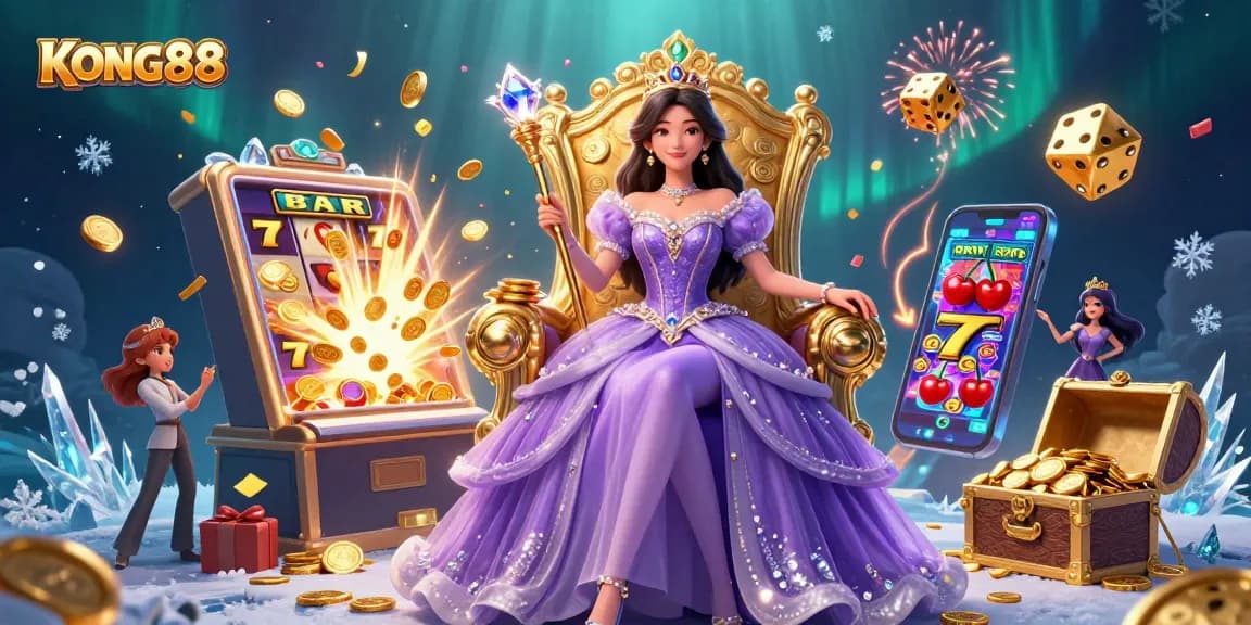 KONG88 offers an enchanting casino experience with a fairy-tale princess amidst slot machines and jackpots.