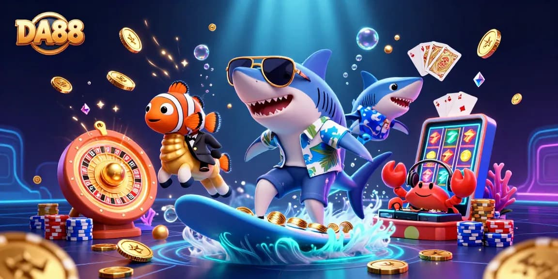 Surfs the waves of fortune with DA88's vibrant, colorful casino-themed characters.