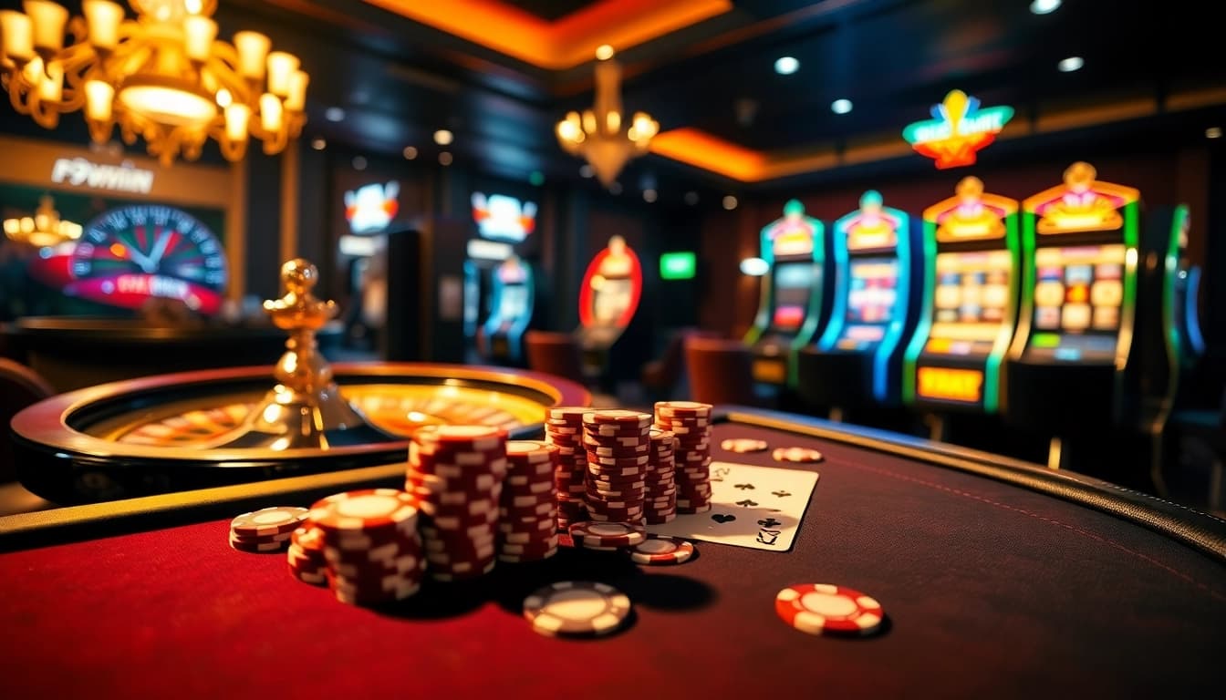 Engaging 79win casino scene featuring poker tables and vibrant slot machines.