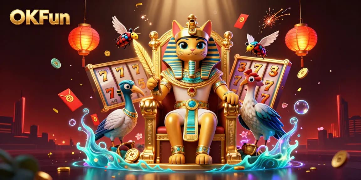 Engage in thrilling gaming with OKFun's spectacular casino scene featuring a pharaoh cat.