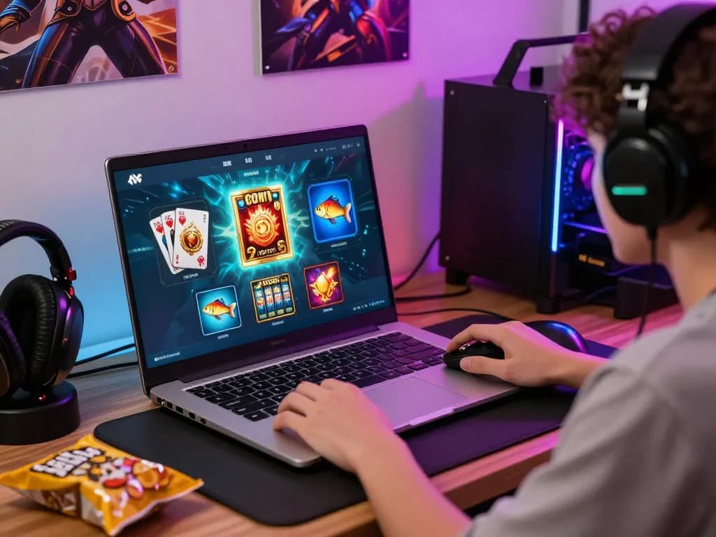 Engaging scene of a user playing online games on a laptop, featuring vibrant gaming icons while preparing to tải sunwin for an optimal experience.