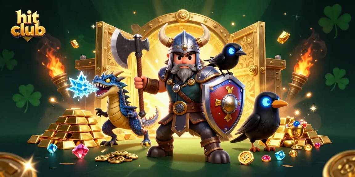 Experience thrilling wins at hit club with vibrant gaming elements, Viking hero, and treasure.