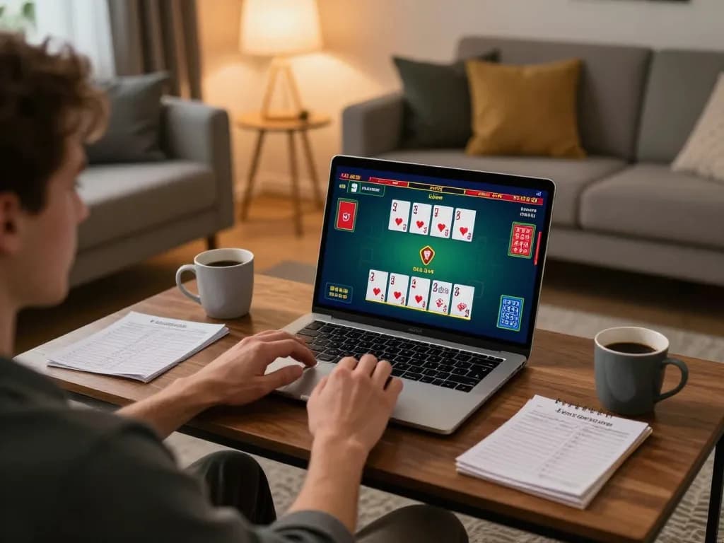 Player enjoying a game of blackjack on 11WIN laptop setup in cozy living room.