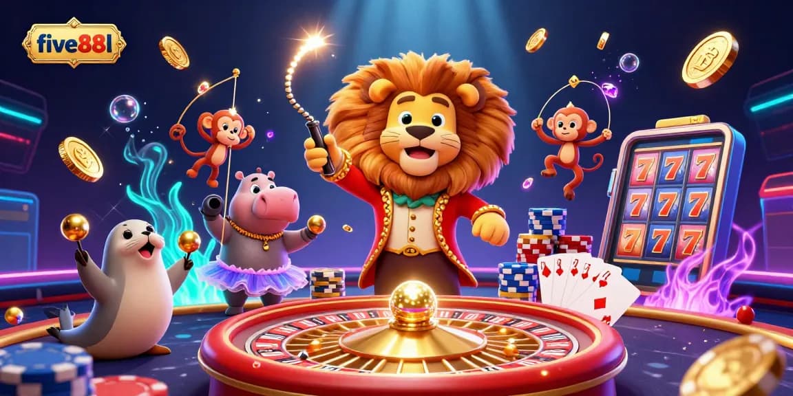 Discover winning moments at five88l with vibrant casino characters in a dynamic illustration.