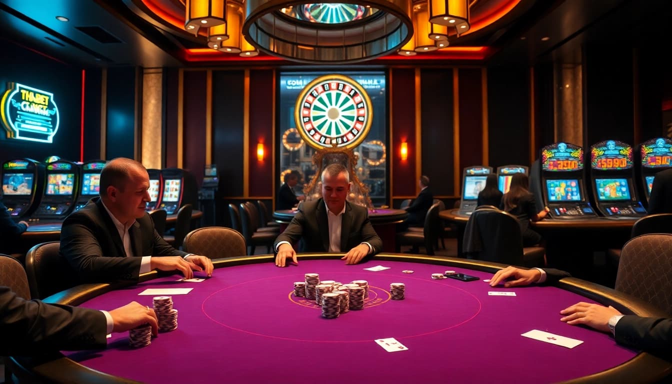 THABET casino scene with poker tables and vibrant gaming elements showcases excitement.