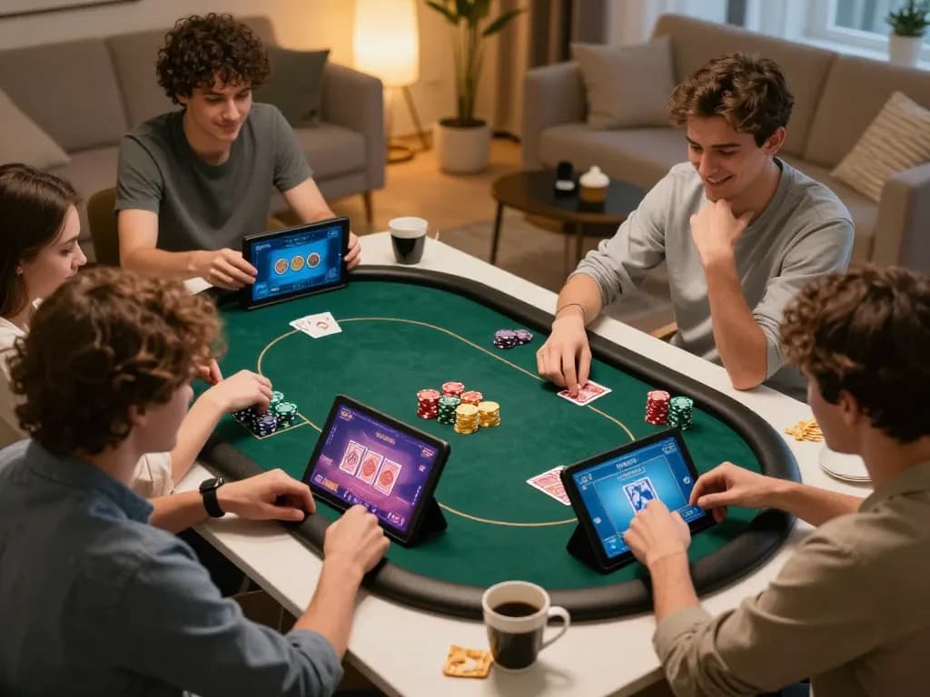 BOM88 players enjoying an online poker game with cards visible on screens in a cozy setting.