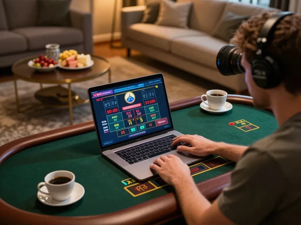 Engaging in live dealer game on laptop at home, F168 offers immersive online gaming experience.