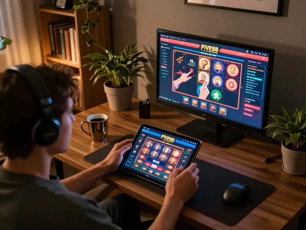 Person enjoying gaming on the FIVE88 casino app in a cozy home setting, featuring tablet and captivating atmosphere.