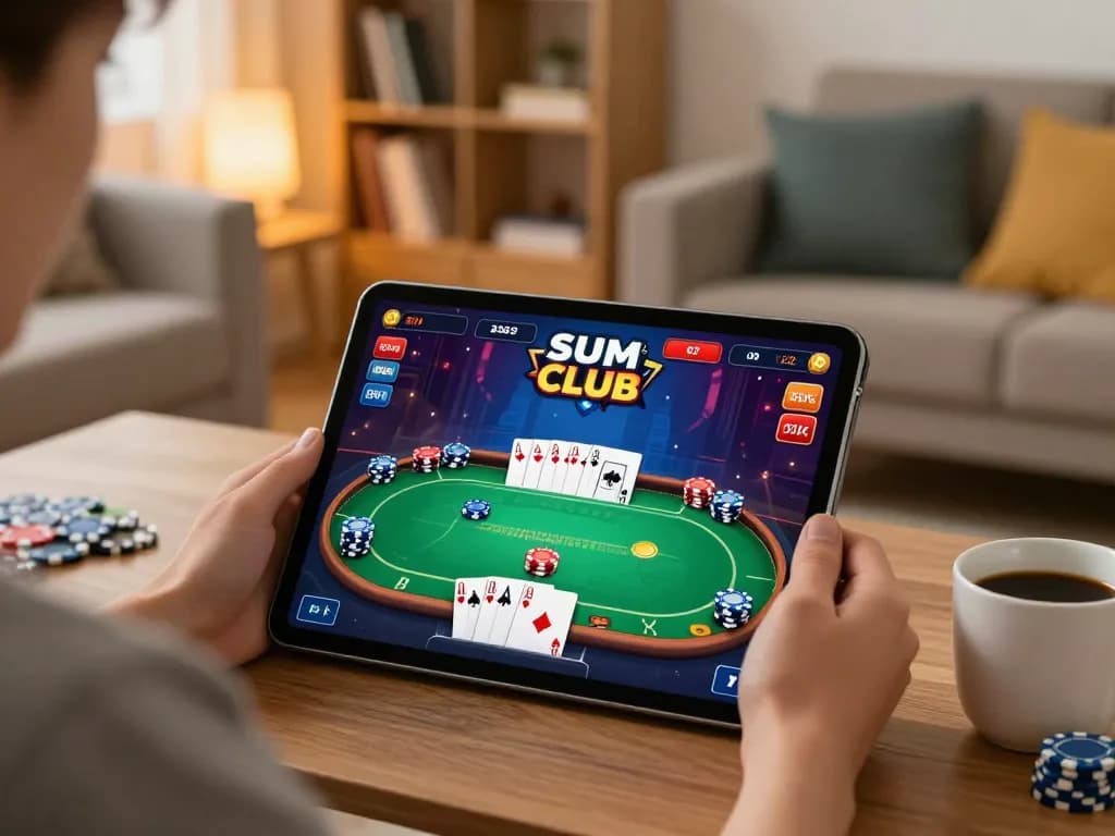 Engaged player navigating SumClub's poker game on a tablet in a cozy home setting.