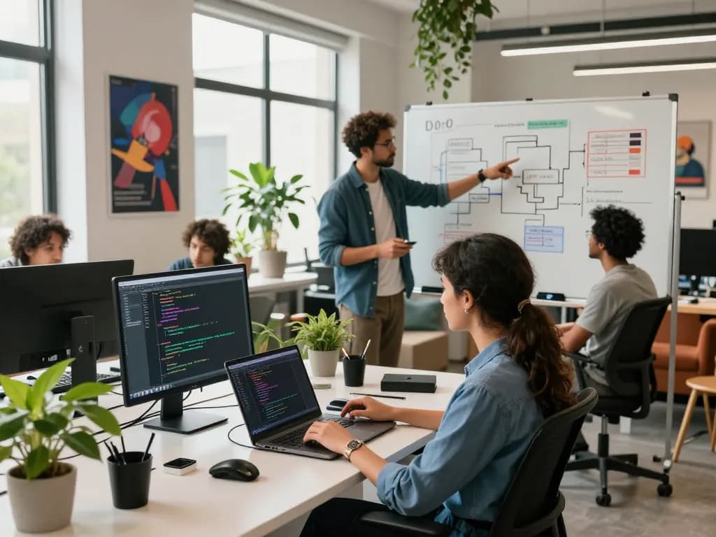 Sunwin team collaborating in a vibrant tech workspace, showcasing innovation and creativity.