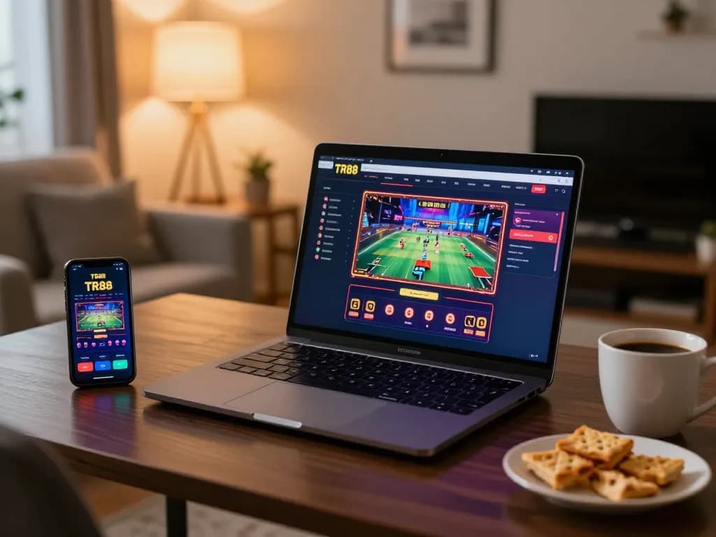 Players enjoying the TR88 online casino experience on a cozy setup, with vibrant gaming interface