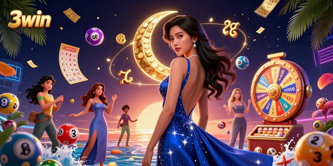 Experience the thrill of 3win with colorful lottery elements in a dynamic casino scene.