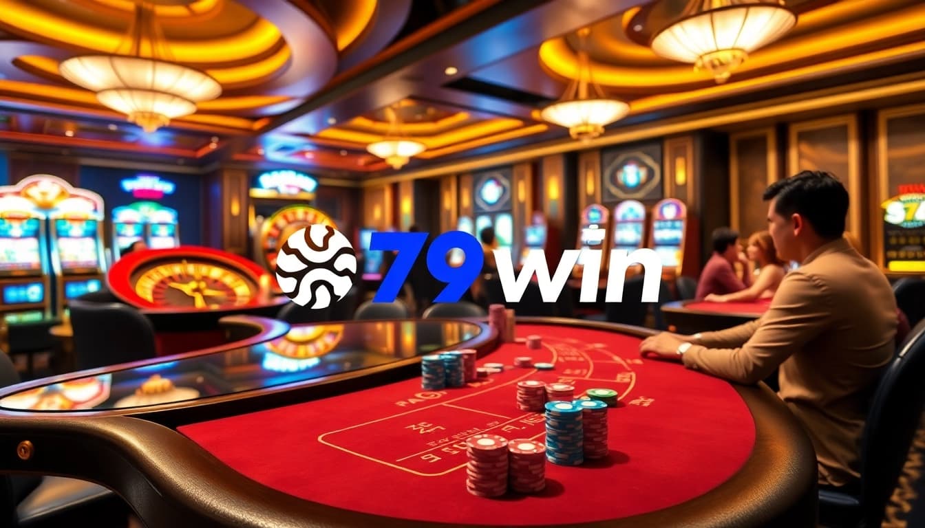 Engaged players enjoy a thrilling game at 79win's glamorous casino, featuring poker tables and slot machines.