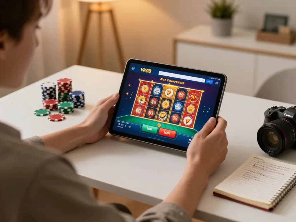Enjoying an online gaming session with VK88 app on tablet, showcasing poker and slots.