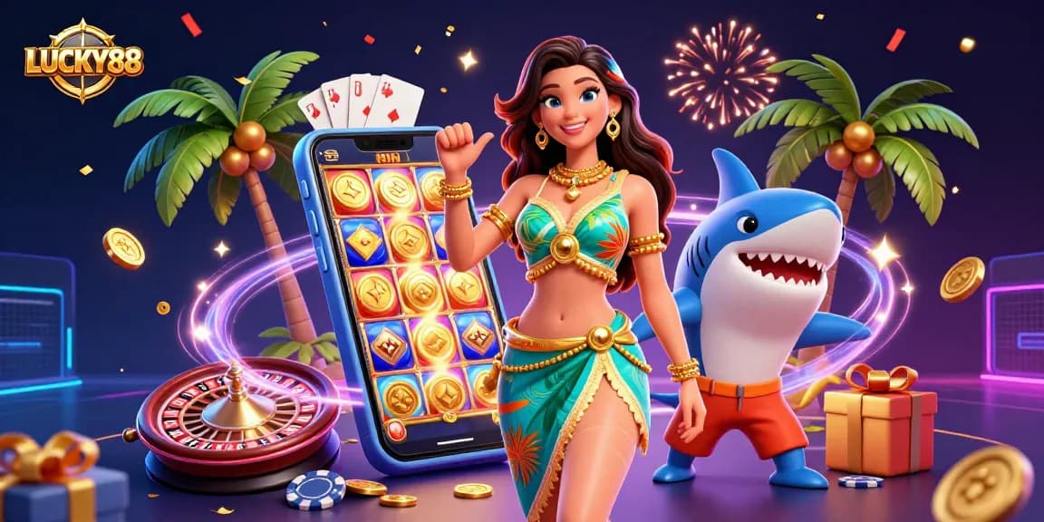 Spin the reels and win with LUCKY88 in a vibrant casino scene bursting with energy.