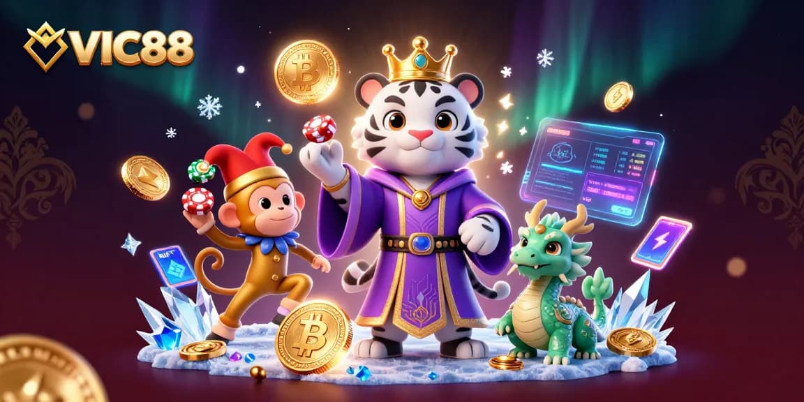 Experience top-tier gaming with VIC88's vibrant 3D scene, showcasing dynamic characters and digital elements.