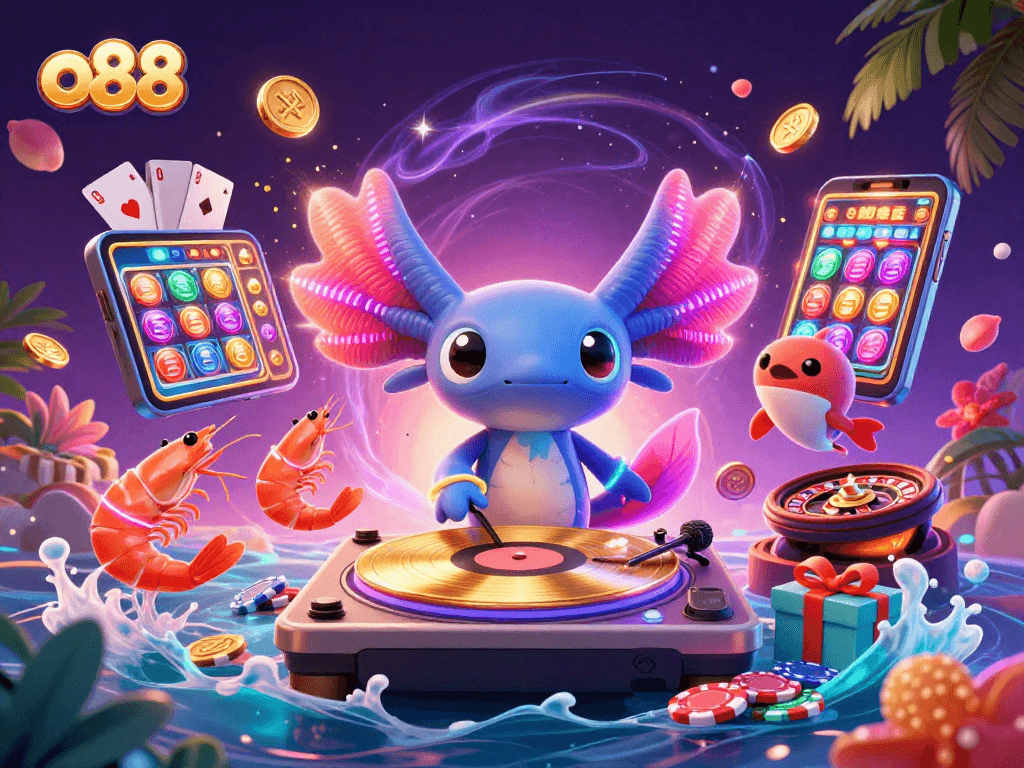 Engage with the vibrant o88 scene featuring a neon axolotl DJ mixing underwater as shrimp dancers celebrate in a carnival.