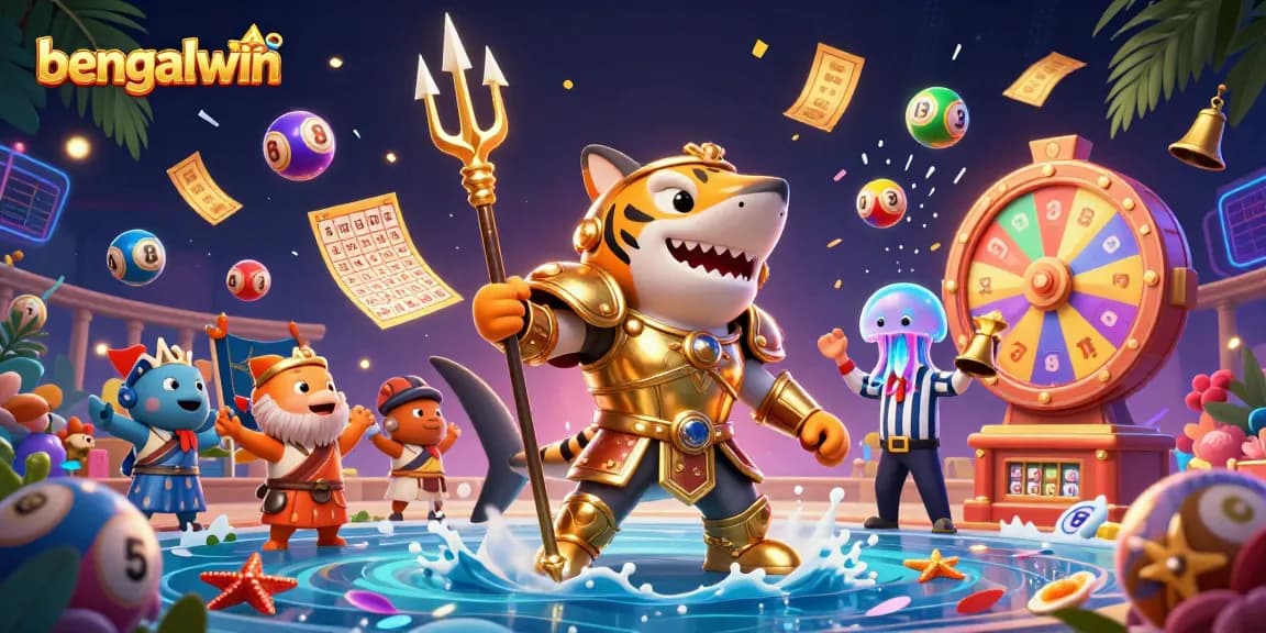 Bengalwin engages players with a vibrant underwater casino scene featuring a tiger shark and dynamic lottery elements.