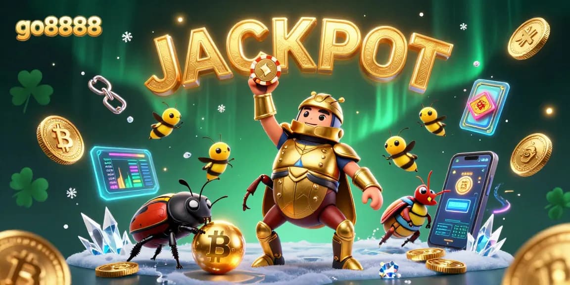 Win big with go8888, featuring a 3D hercules beetle celebrating a jackpot in this vibrant casino scene.