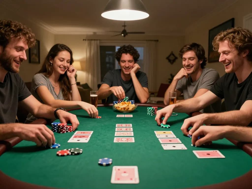 Engaged players enjoying LODE88 poker night with colorful chips and cards
