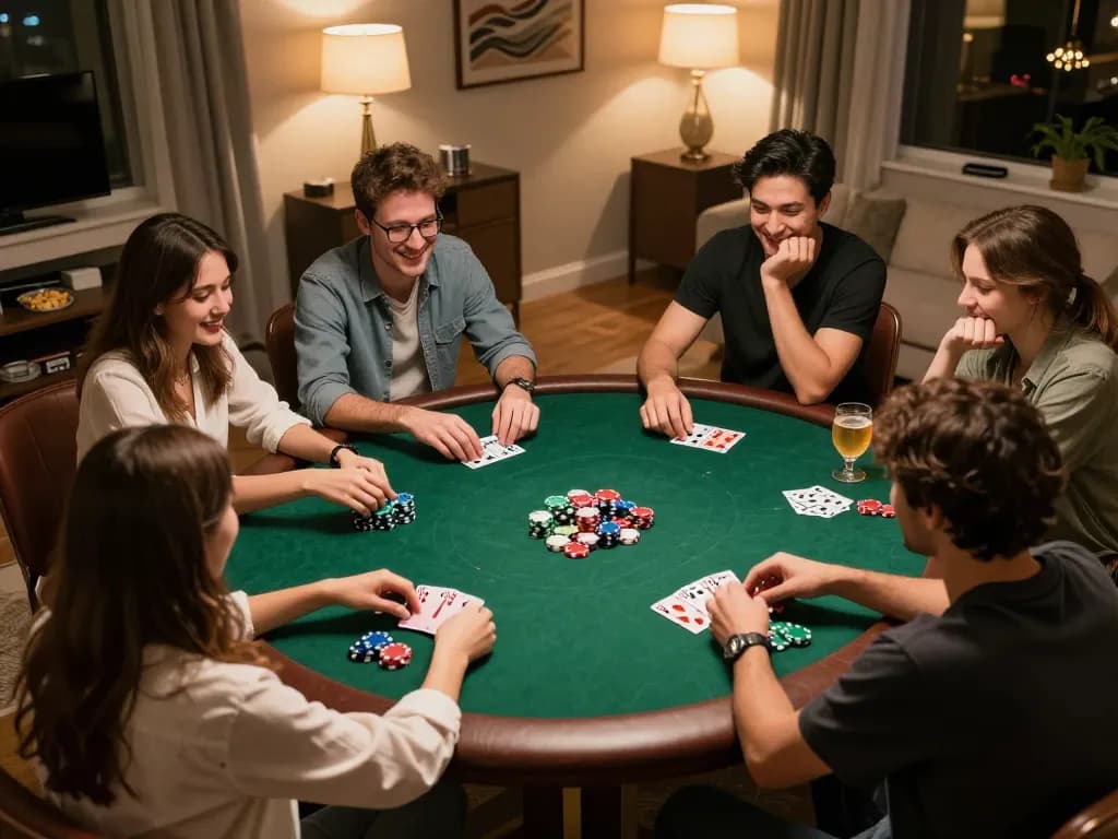 Friends enjoying a poker night at home, showcasing KU88 gameplay strategy and social interaction