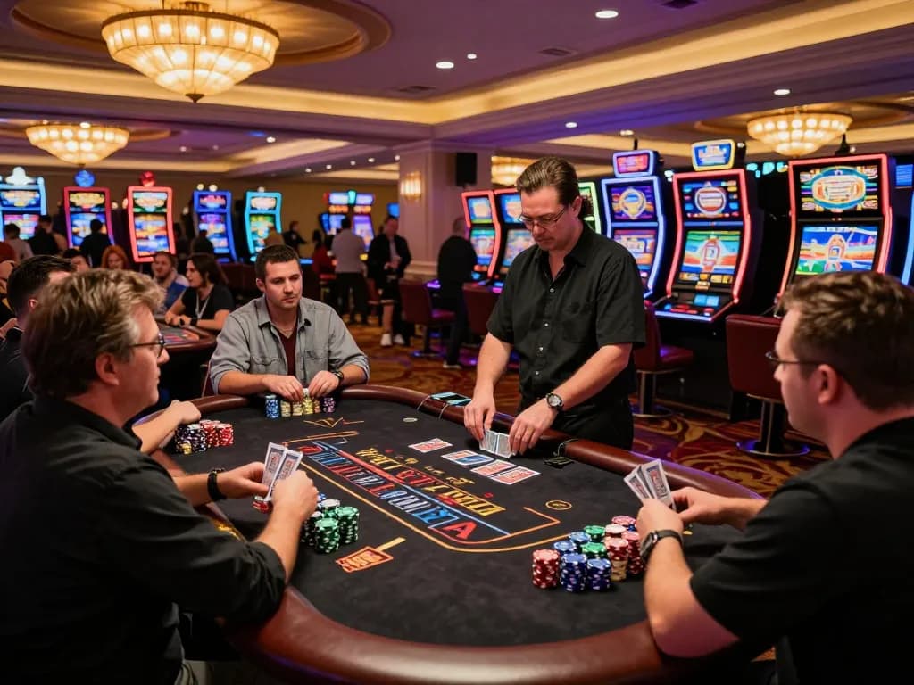 Players engaging at a bu88 blackjack table, vibrant casino atmosphere with colorful chips and warm lighting.