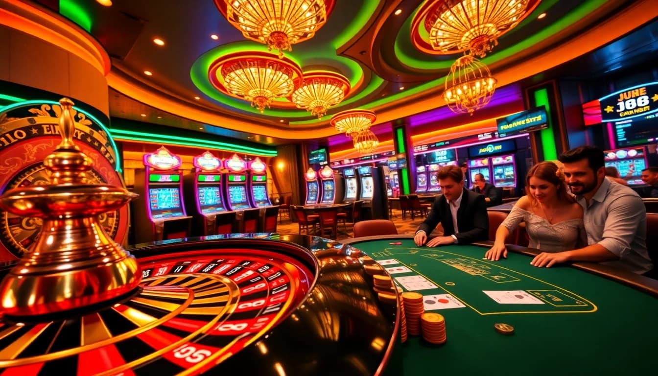 Players enjoying thrilling games at JUN88's online casino, showcasing a vibrant gambling atmosphere.