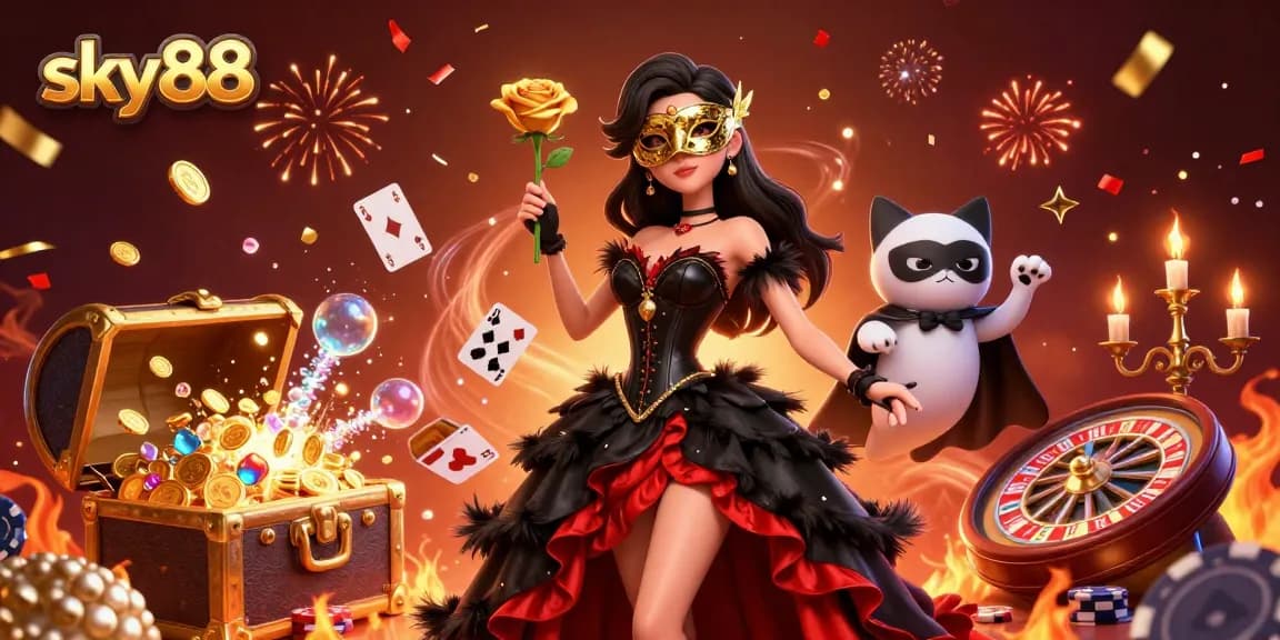 Experience exceptional gaming action at sky88 with a vibrant 3D scene of exciting casino games and characters.